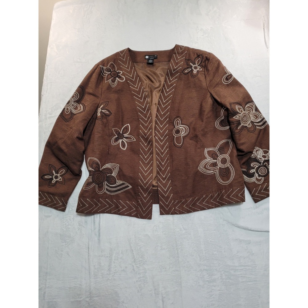 Carole Little Jacket Women 1X Brown Silk Blend Embroidered Open Front Blazer